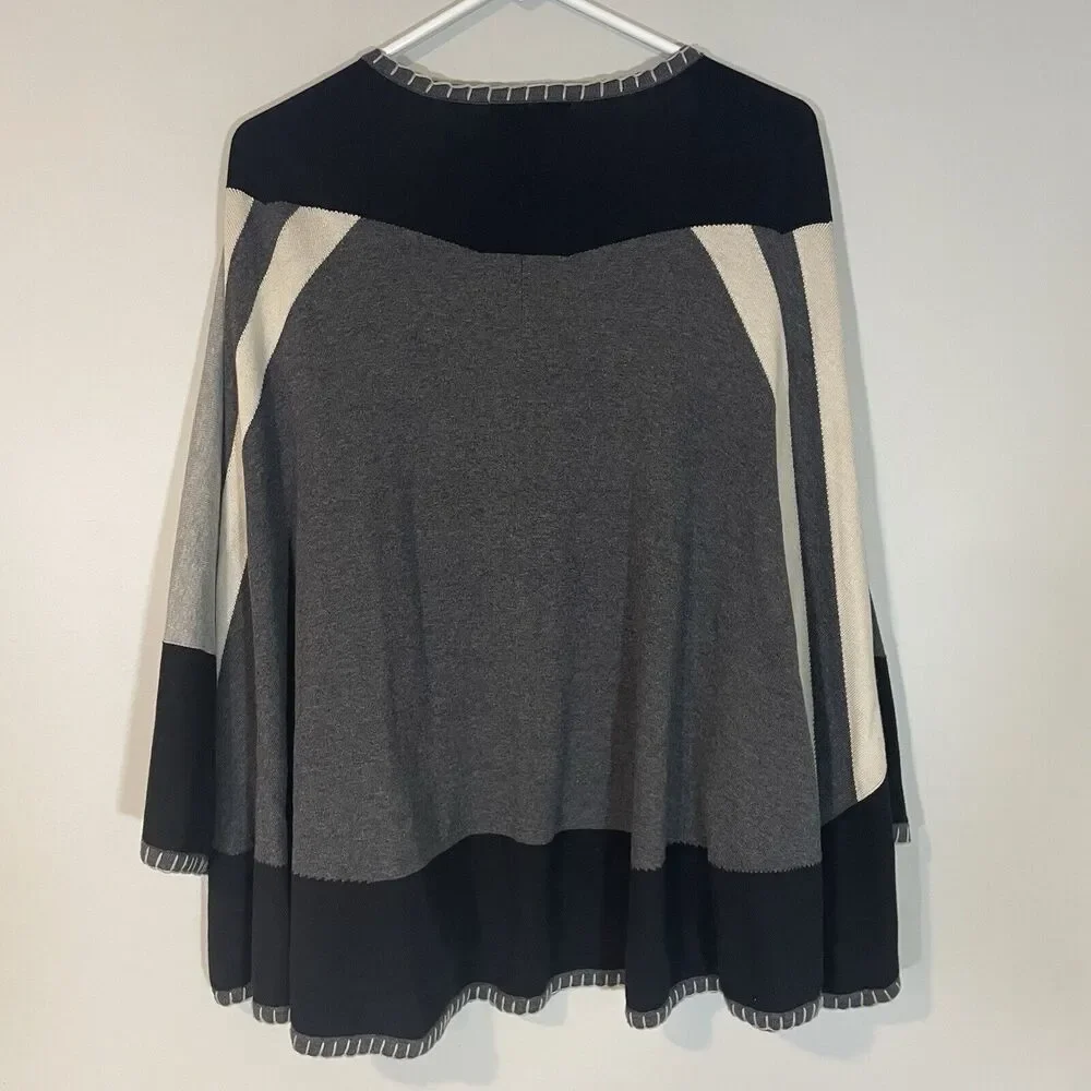 Cabi Sweater Poncho Gray Black Striped Oversized Wrap Colorblock Cotton One Size - Picture 8 of 9